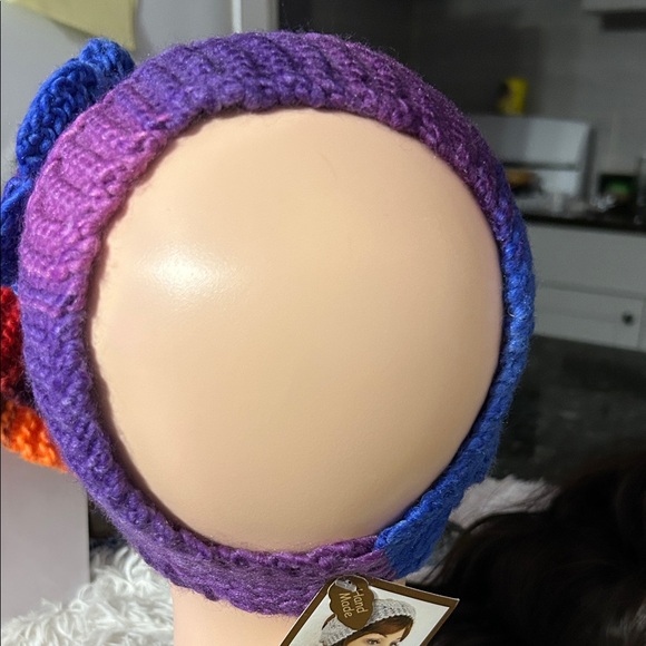 Vibrant Purple Knit Beanie with Blue Flower - Picture 2 of 4